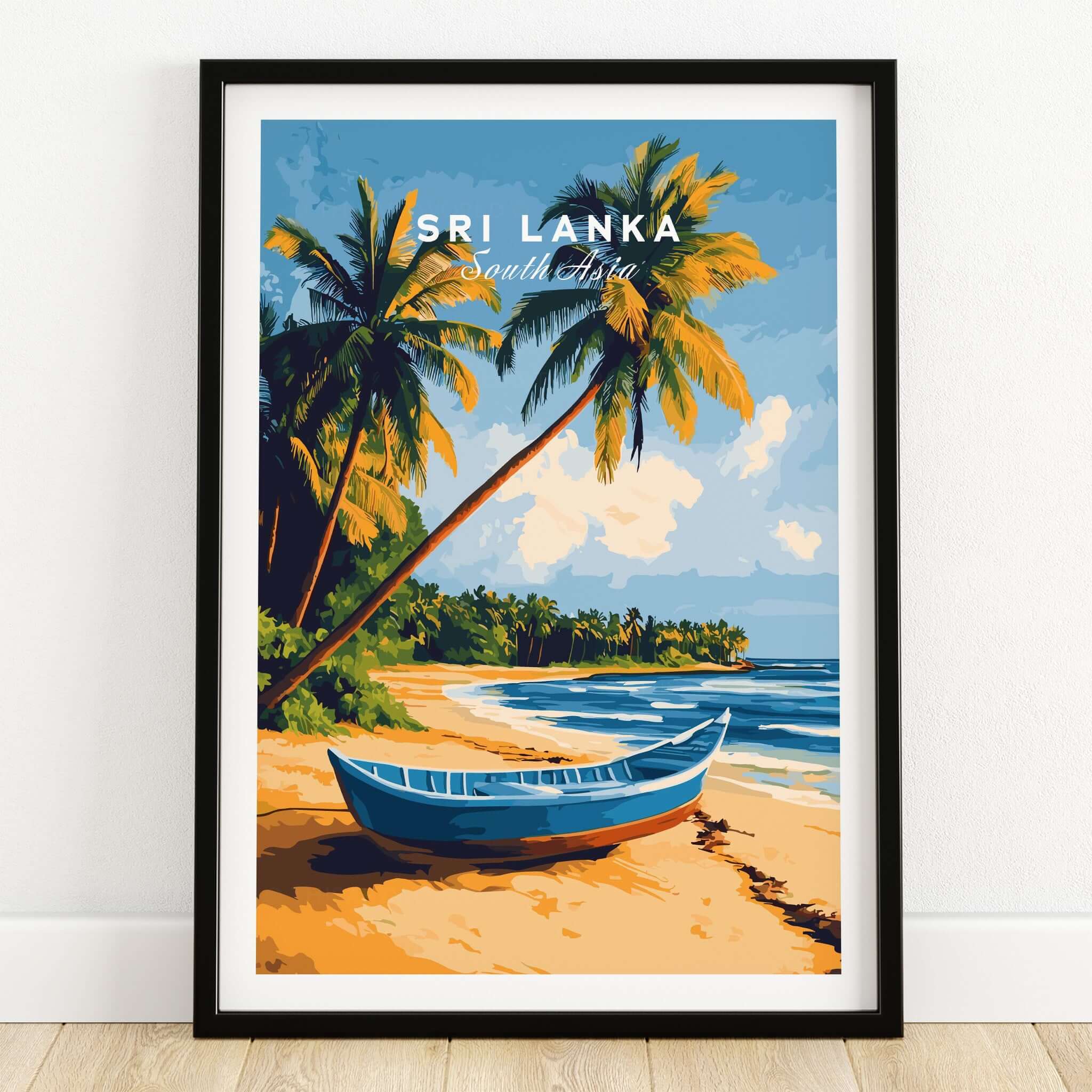Sri Lanka Beach Scene Art - Tropical Island Print, Palm Tree Wall Decor featuring a vibrant beach with palm trees and a blue boat.