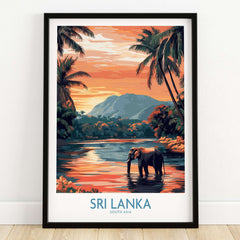 Sri Lanka Nature Art - Elephant in River Poster, Tropical Wildlife Print