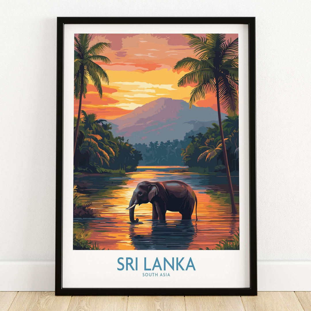 Elephant River Scene Print - Sri Lanka Travel Art, Tropical Wall Hanging featuring an elephant by a river at sunset.