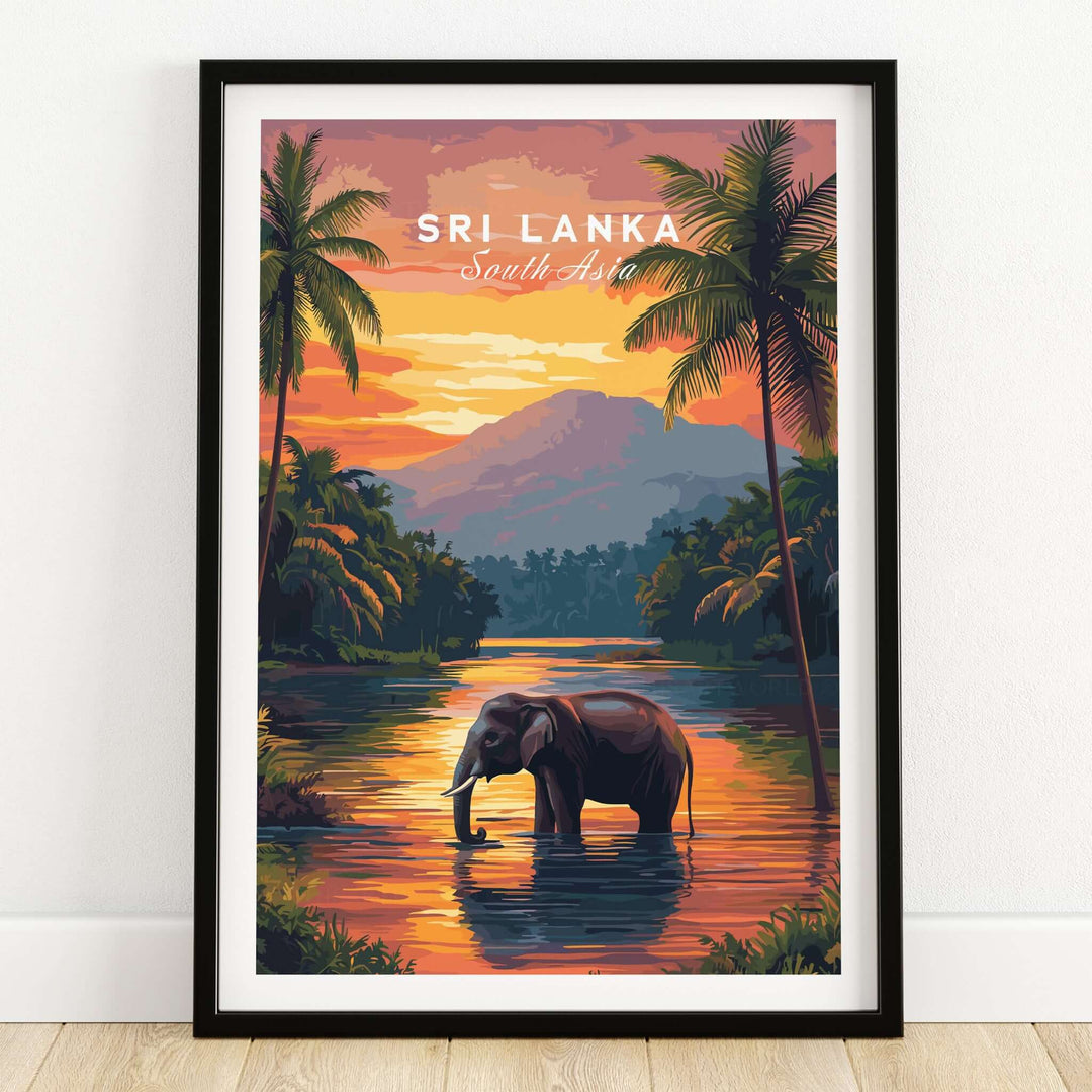 Sri Lanka Wildlife Art - Elephant Sunset Poster, South Asia Decor