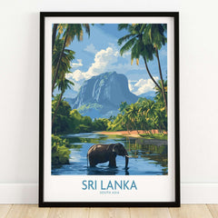 Sri Lanka Tropical Scene Wall Art - Elephant Print, Island Paradise Decor featuring an elephant in a tropical landscape.