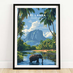 Sri Lanka Wildlife Poster - South Asia Landscape Art, Elephant Mountain View featuring a serene elephant near a mountain backdrop.