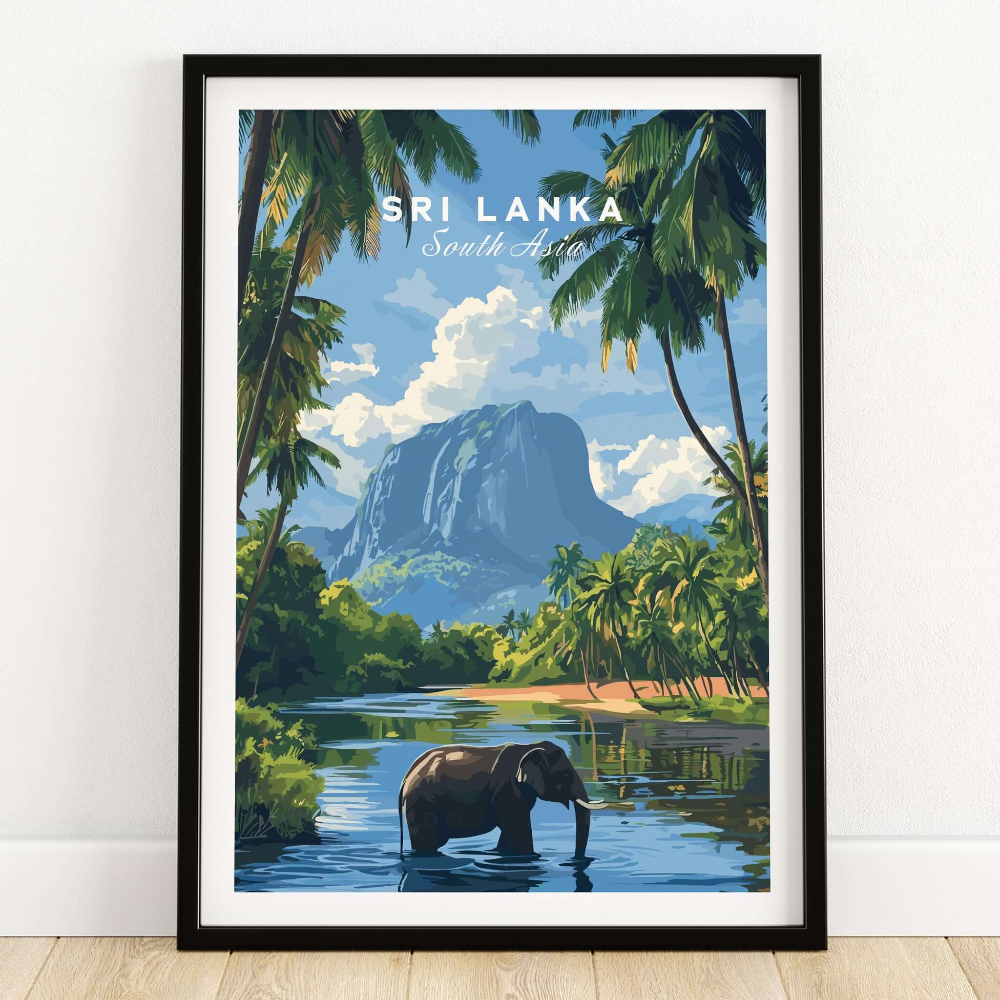 Sri Lanka Wildlife Poster - South Asia Landscape Art, Elephant Mountain View featuring a serene elephant near a mountain backdrop.