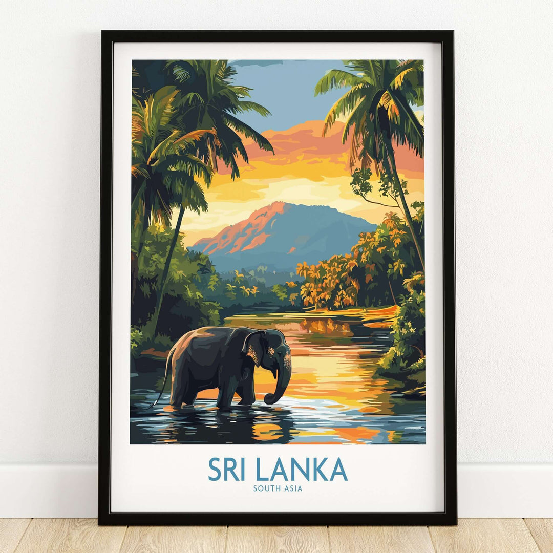 Sri Lanka Travel Art Print - Elephant Swimming Wall Art, Tropical Adventure Scene showcasing an elephant in serene waters.