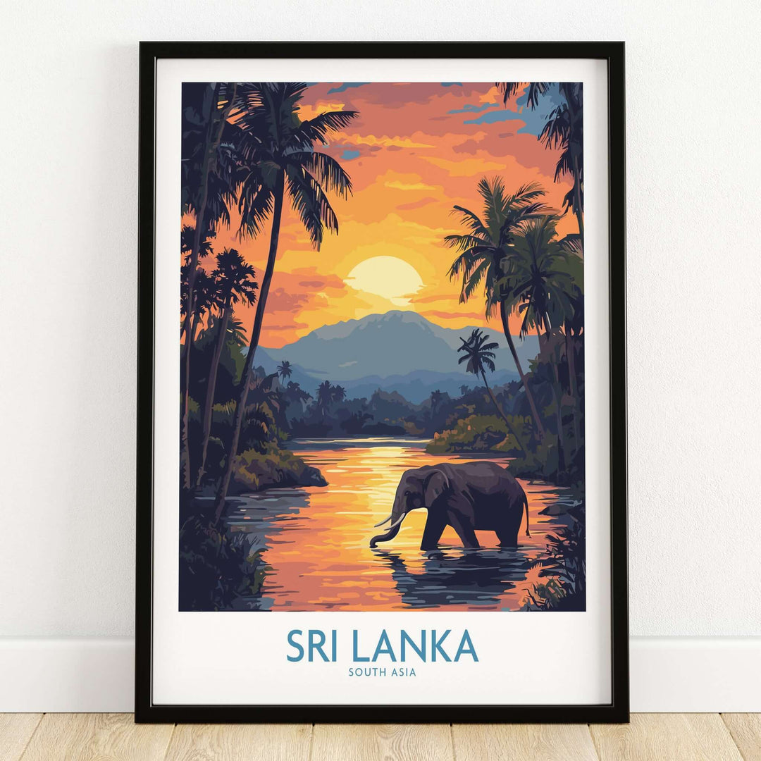 Sri Lanka Poster with Elephant in tropical setting at Sunset - Travel Print featuring a vibrant sunset and lush scenery.