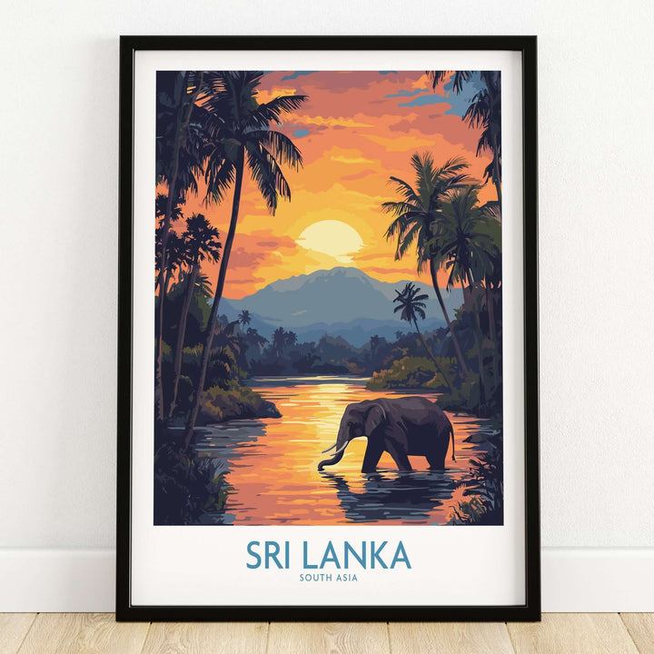 Sri Lanka Poster with Elephant in tropical setting at Sunset - Travel Print featuring a vibrant sunset and lush scenery.