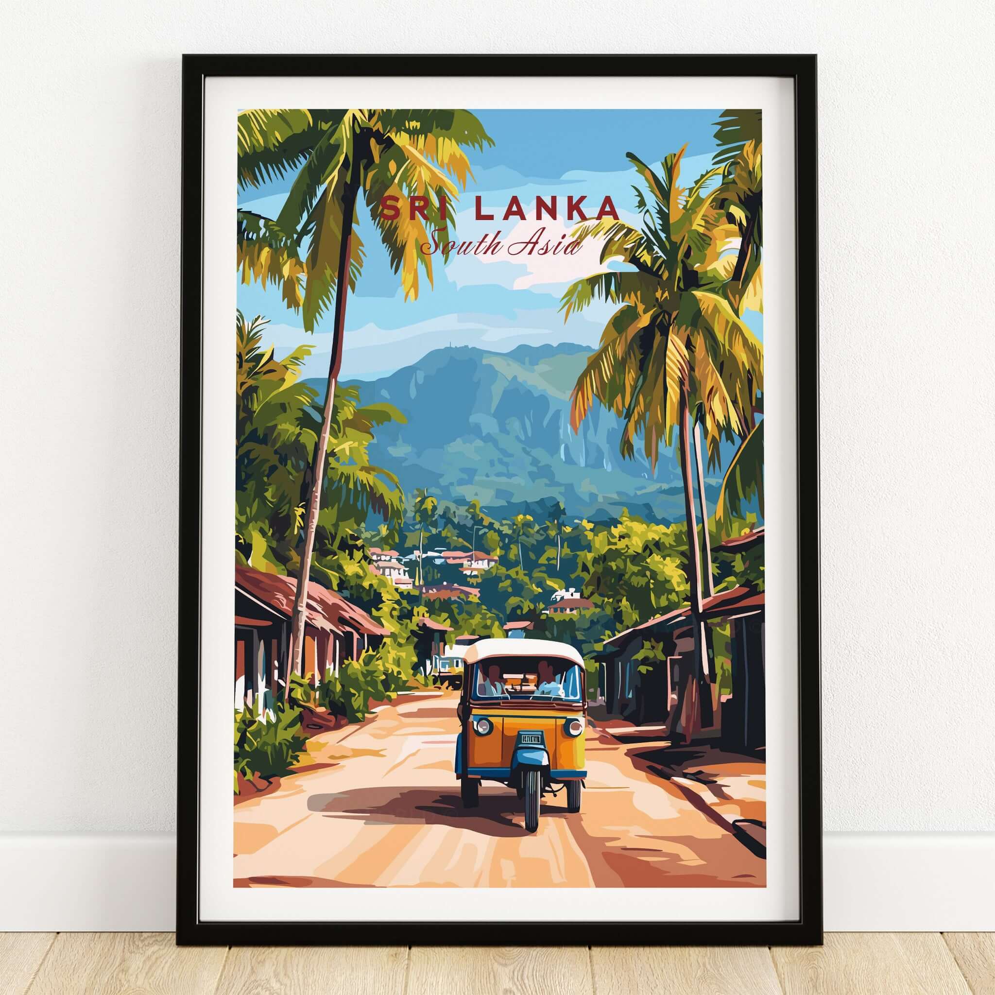 Sri Lanka Tuk-Tuk Art Print - South Asia Travel Poster, Island Street Scene showcasing a vibrant tuk-tuk on a tropical road.