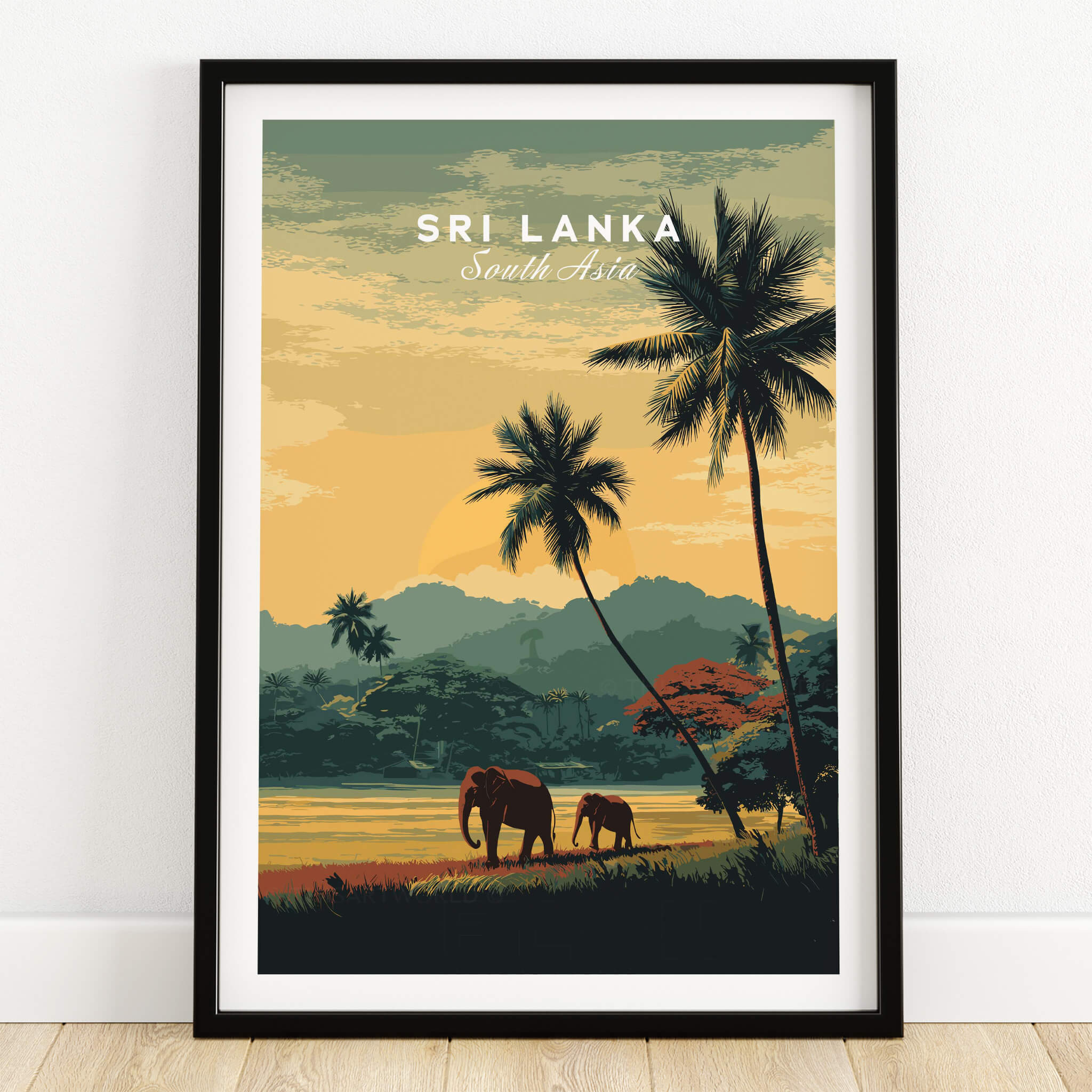 Sri Lanka Wall Art Print | Sunset Elephant Landscape Travel Poster featuring elephants in a tropical setting with palm trees.