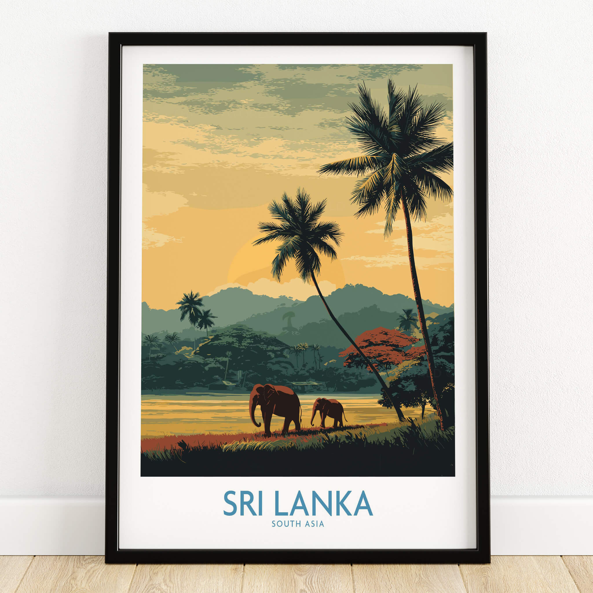 Sri Lanka Poster | Tropical Palm Tree & Elephant Canvas Print featuring elephants and tropical palms.