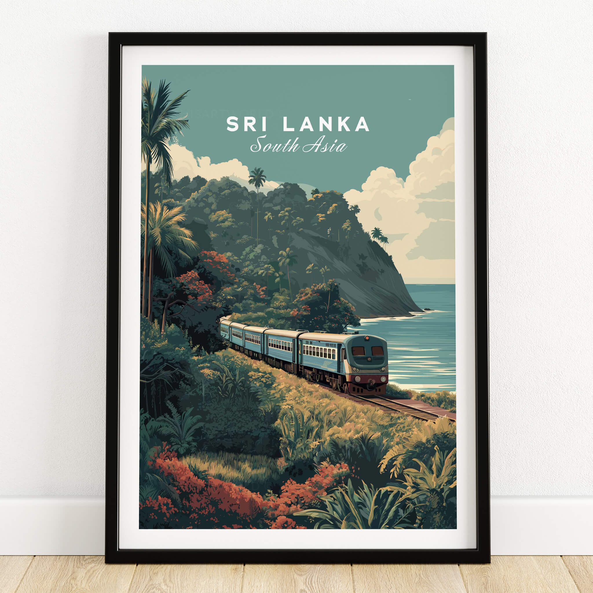 Sri Lanka Wall Art Print | Train Travel Poster featuring a scenic train journey along the coastline.