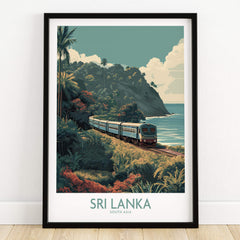 Sri Lanka Poster | Tropical Railway Canvas Print featuring a scenic train journey along the coast.