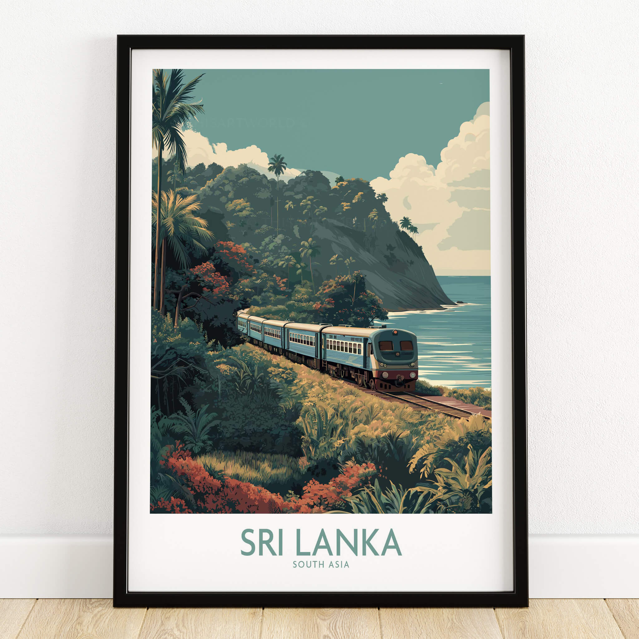 Sri Lanka Poster | Tropical Railway Canvas Print featuring a scenic train journey along the coast.