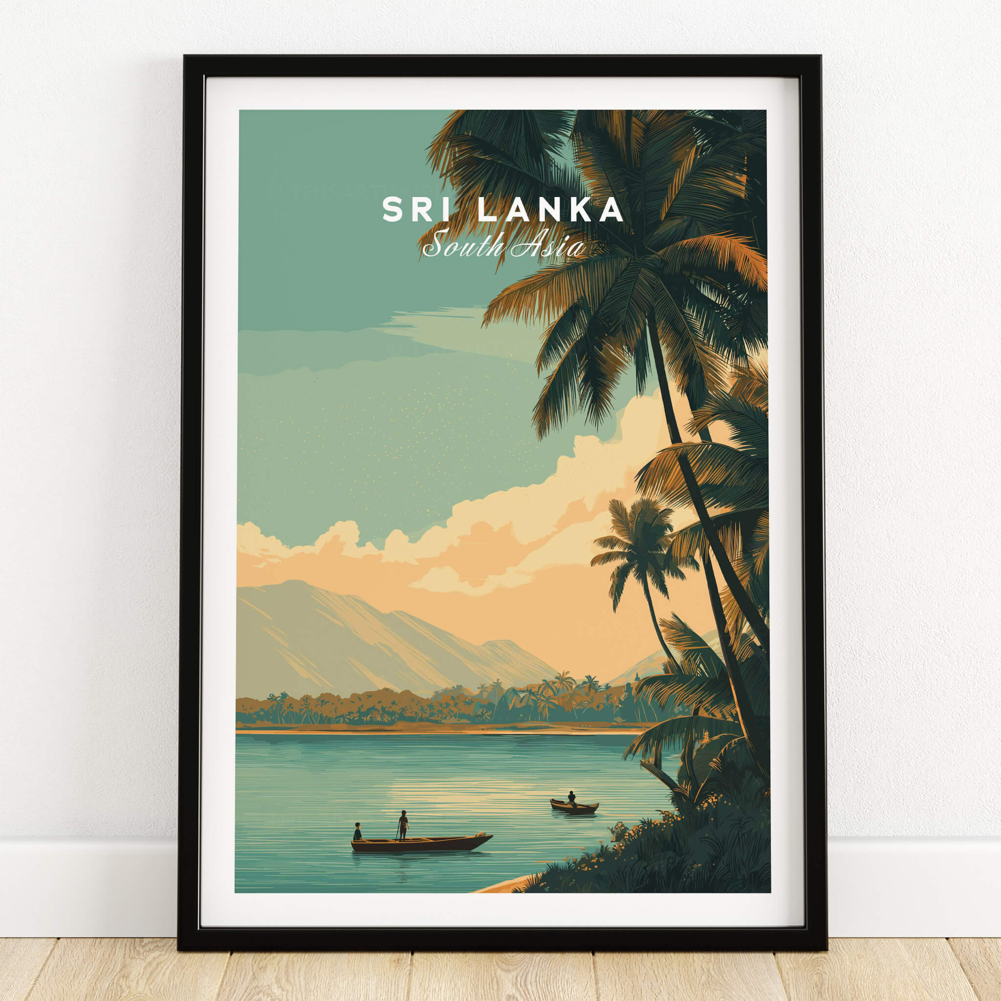 Sri Lanka Travel Poster | Sunset Wall Art Print featuring palm trees and sunset waterscape