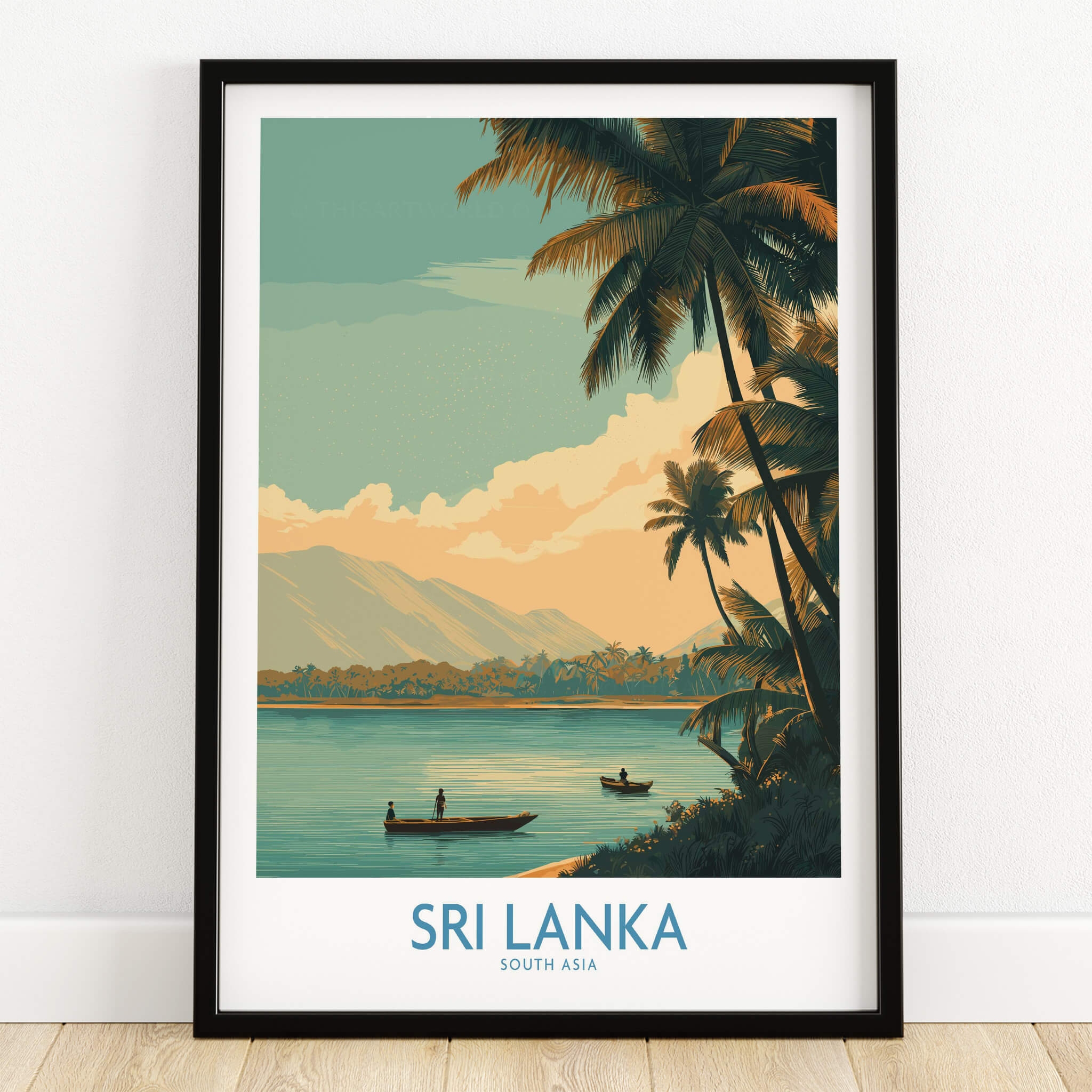 Sri Lanka Canvas Print | Traditional Boat Scene Poster showcasing boats and lush landscapes in a tranquil setting.
