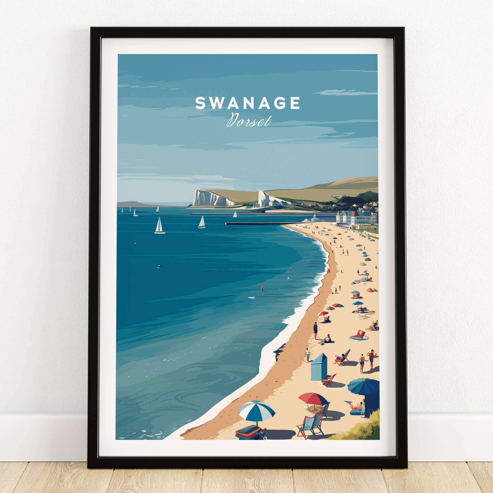 Swanage Dorset Wall Art Print | British Seaside Beach Travel Poster featuring a scenic view of the beach