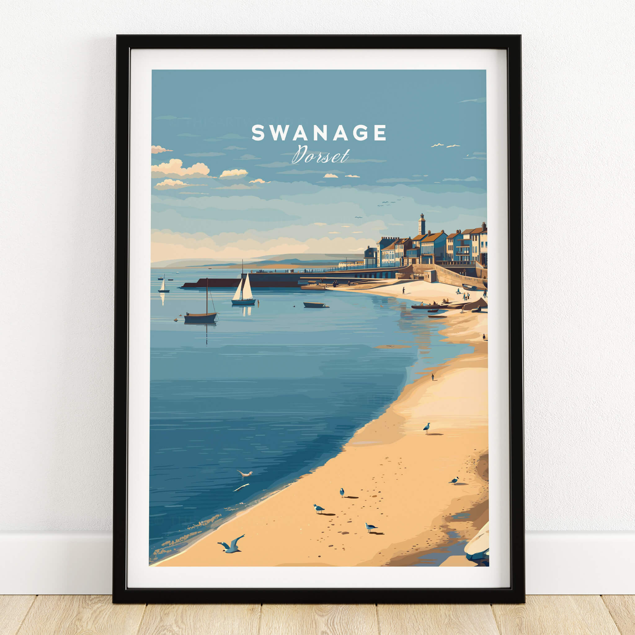 Swanage Dorset Travel Poster | English Coastal Town Wall Art Print featuring a serene beach and seaside architecture.