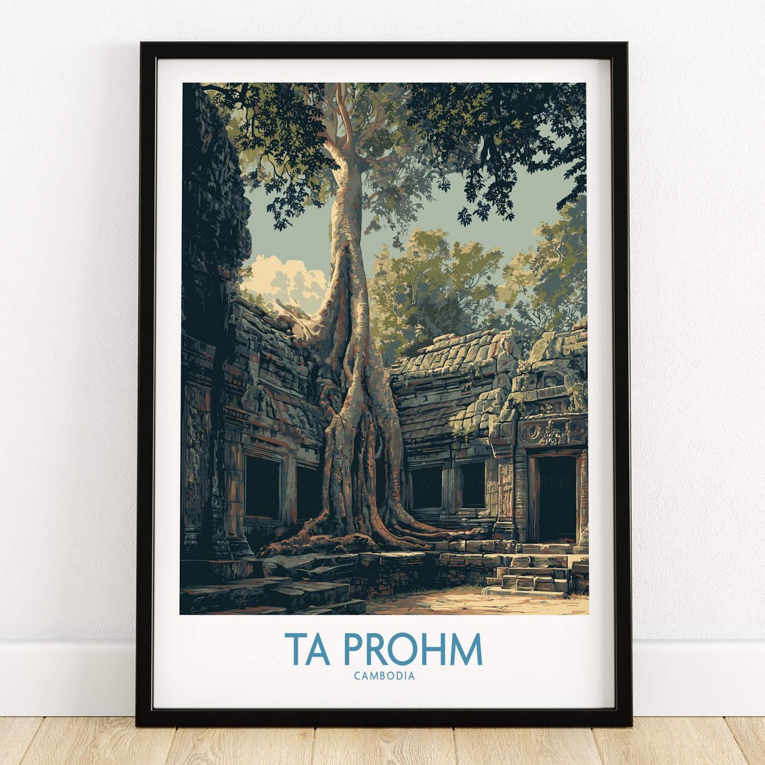 Ta Prohm Cambodia Canvas Print | Iconic Tree Root Ruins Poster showcasing ancient temple ruins entwined with tree roots.