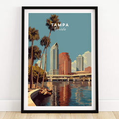 Tampa Florida Wall Art Print | Downtown City Skyline Travel Poster featuring a vibrant cityscape with palm trees.