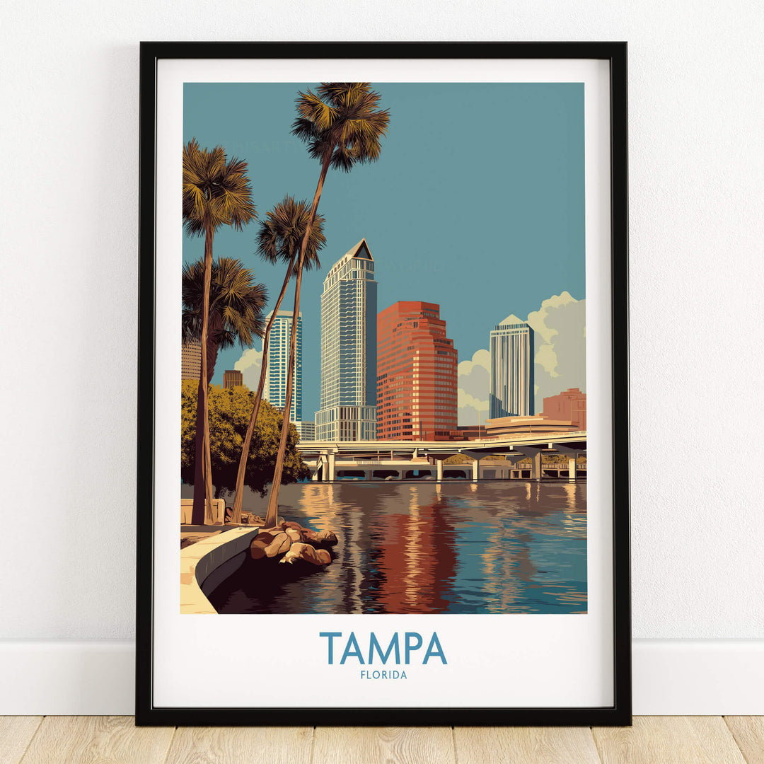 Tampa Florida Poster | Waterfront Sunset Cityscape Canvas Print showcasing skyscrapers and palm trees.