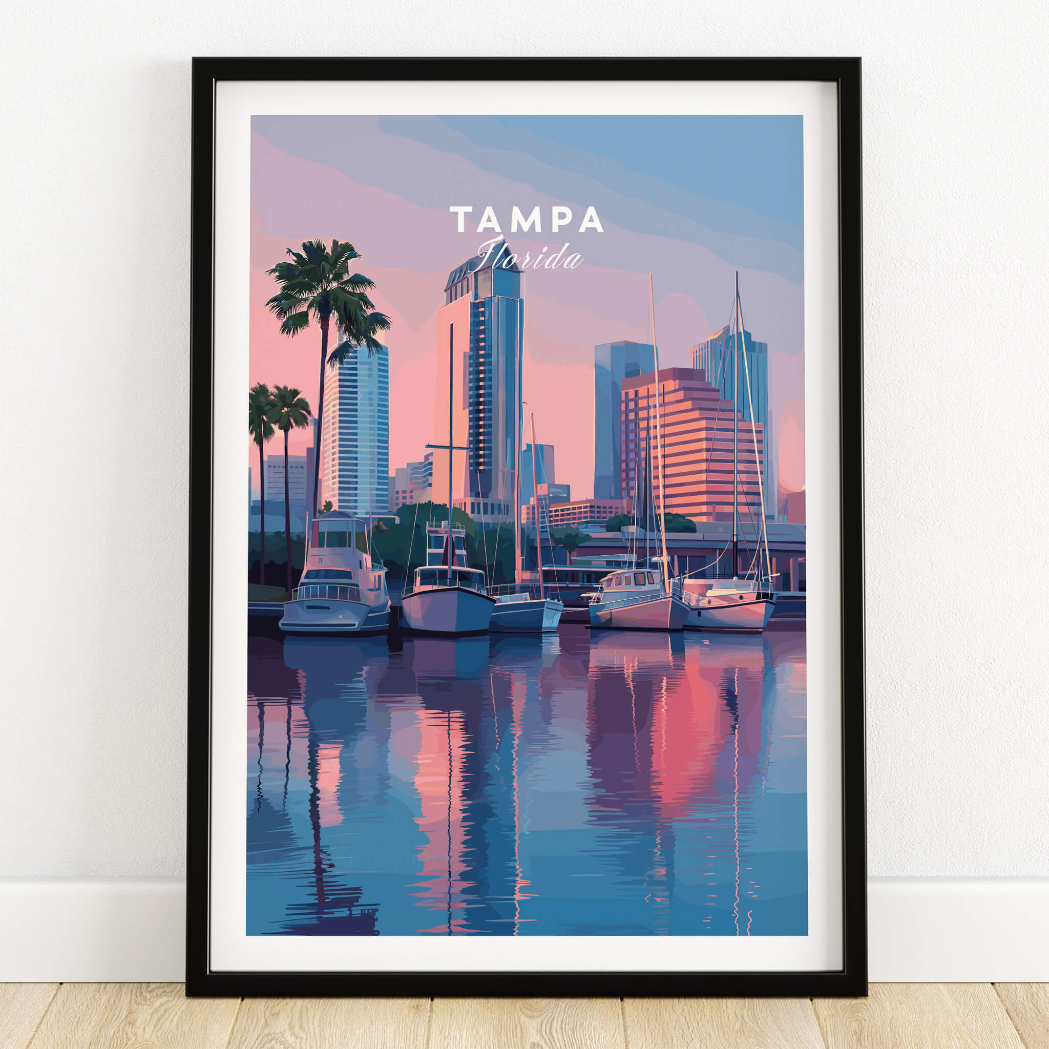Tampa Florida Travel Poster | Marina Harbor & Skyline Wall Art Print showcasing waterfront views and downtown skyline.