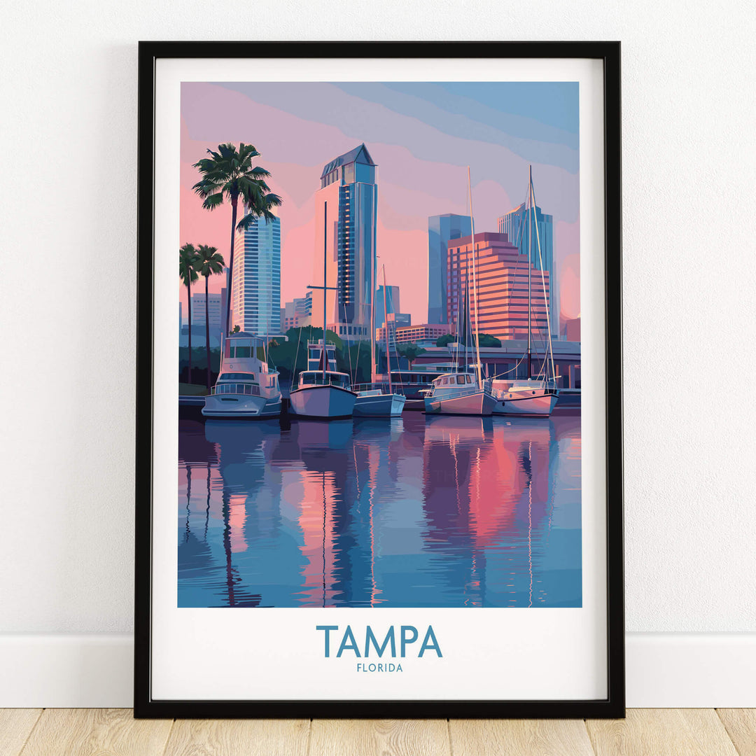 Tampa Florida Canvas Print | Sunset Bay & Sailboat Landscape Poster featuring cityscape and boats in tranquil waters.