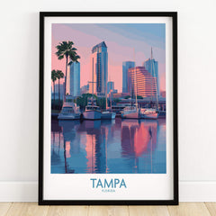 Tampa Florida Canvas Print | Sunset Bay & Sailboat Landscape Poster featuring cityscape and boats in tranquil waters.