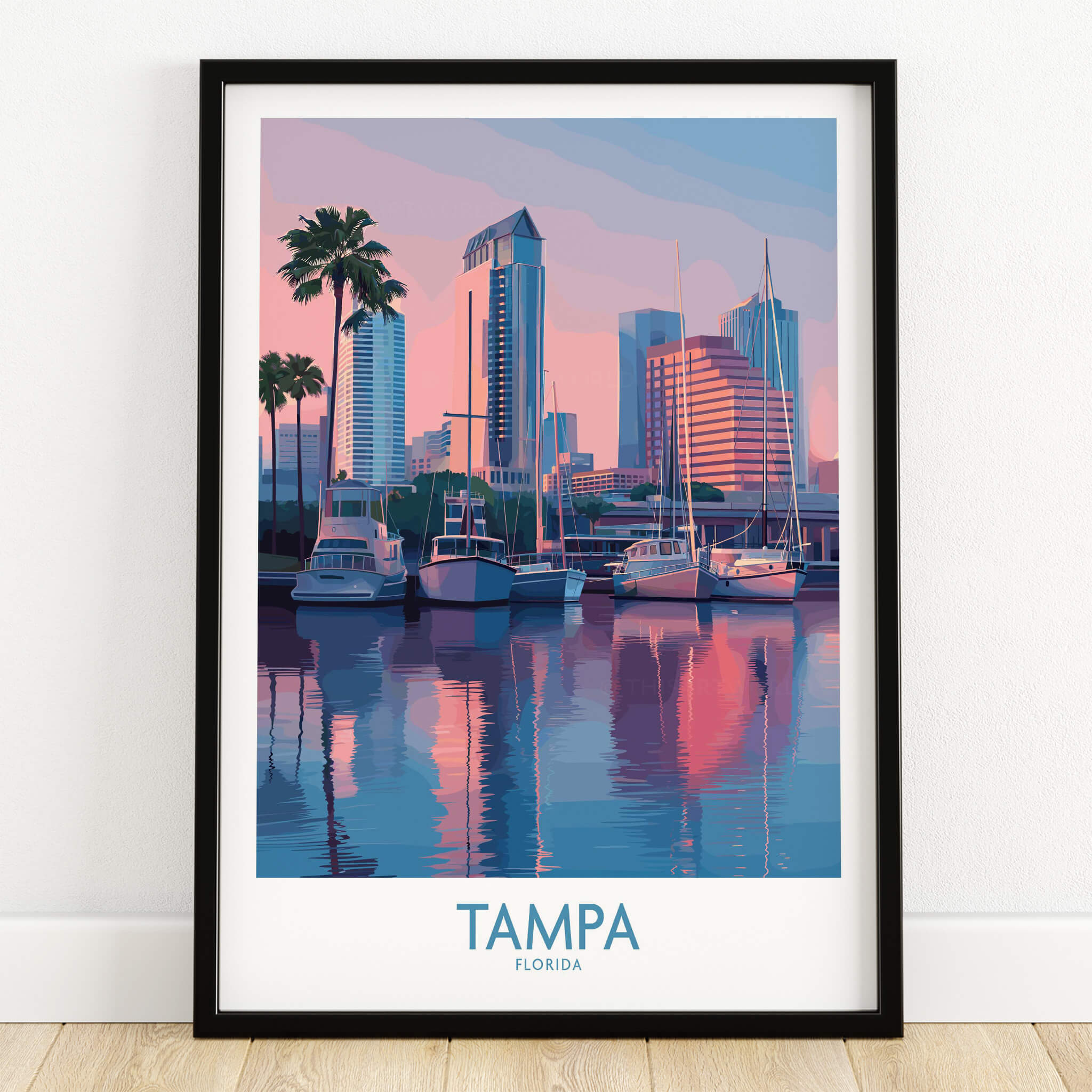 Tampa Florida Canvas Print | Sunset Bay & Sailboat Landscape Poster featuring cityscape and boats in tranquil waters.