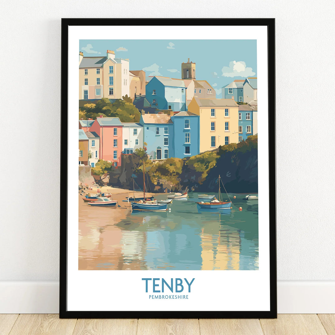 Framed Tenby Pembrokeshire art print showing colorful coastal houses and boats on water.