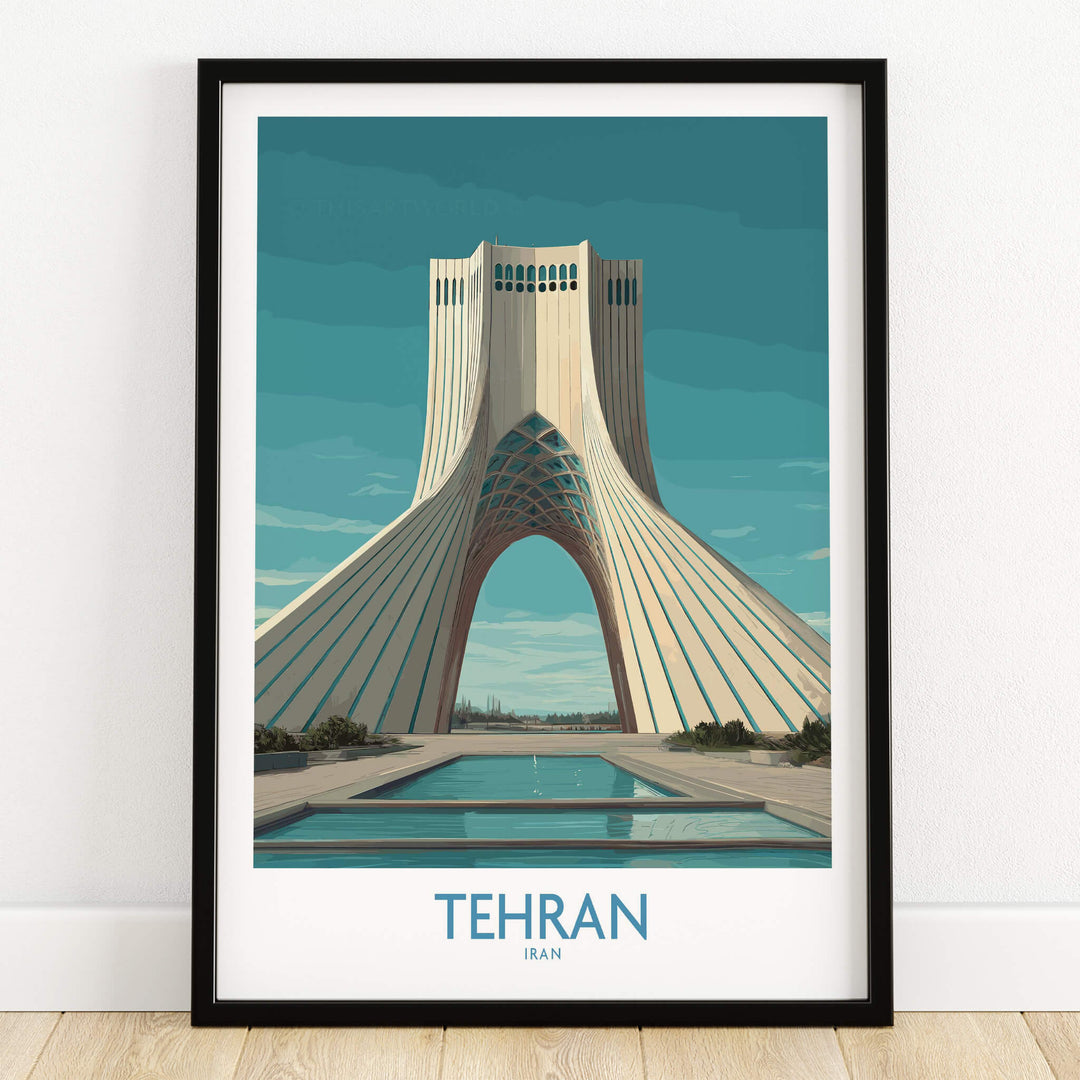 Tehran Poster Iran | Azadi Tower Sunset Architecture Canvas Print featuring the iconic Azadi Tower in a vibrant artwork.