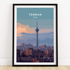 Tehran Iran Travel Poster | Alborz Mountains Skyline Wall Art Print showcasing the city and mountain backdrop.