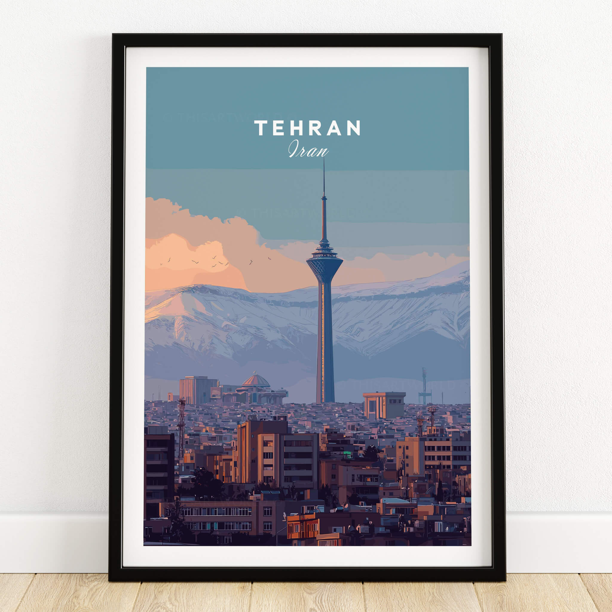 Tehran Iran Travel Poster | Alborz Mountains Skyline Wall Art Print showcasing the city and mountain backdrop.