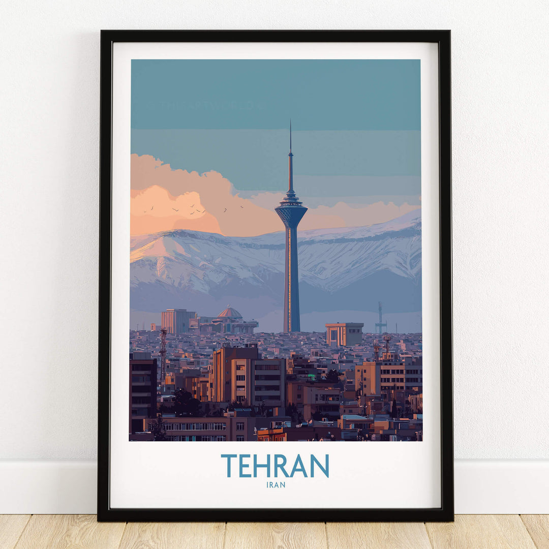 Tehran Iran Canvas Print | Evening City Landscape Poster featuring a skyline view with a tower and mountains.