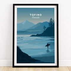 Tofino Canada Travel Poster | Pacific Coast Surfer Wall Art Print featuring a serene coastal scene with a surfer.