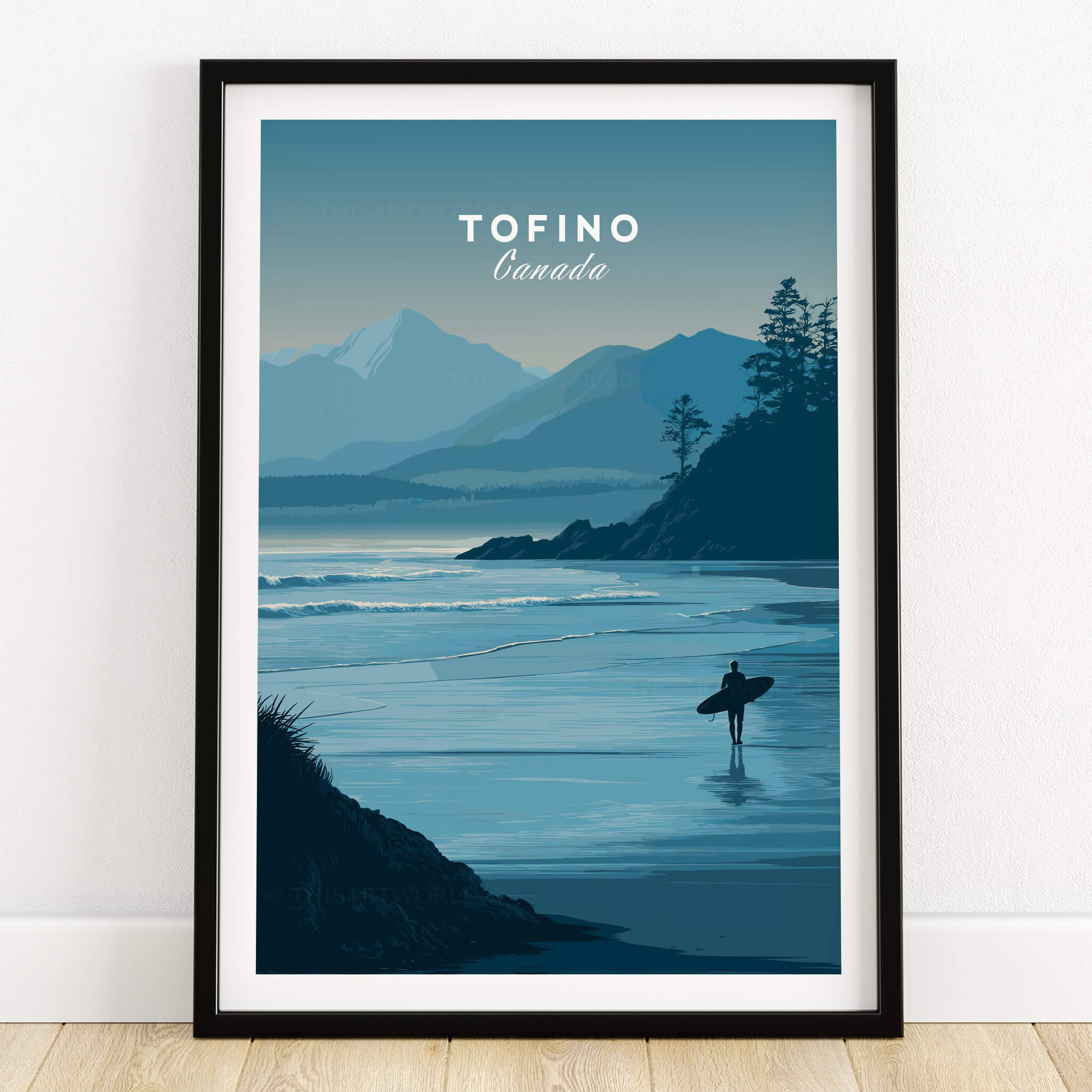Tofino Canada Travel Poster | Pacific Coast Surfer Wall Art Print featuring a serene coastal scene with a surfer.