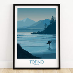 Tofino Canada Canvas Print | Misty Mountain & Shoreline Poster featuring a surfer on the beach at sunset.