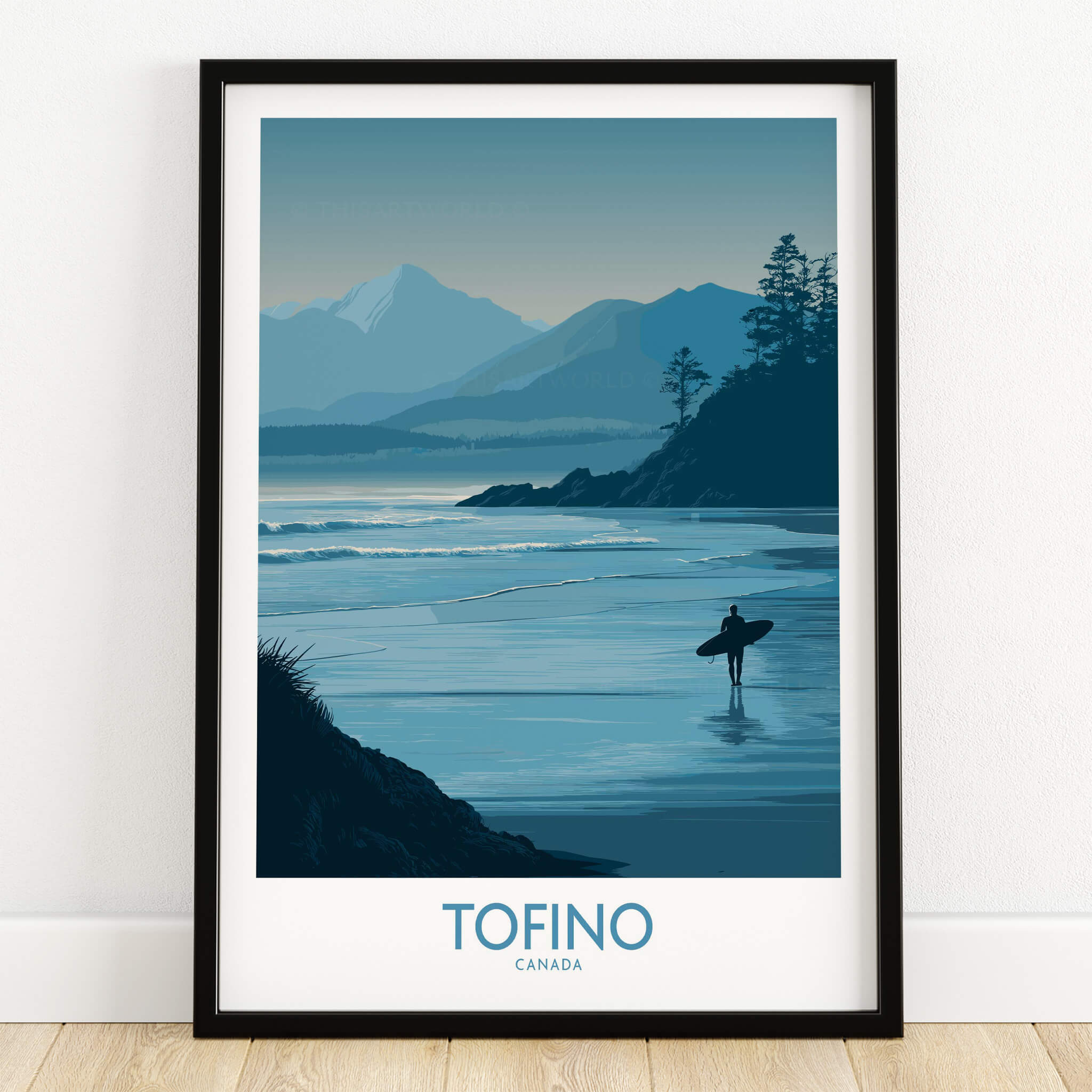 Tofino Canada Canvas Print | Misty Mountain & Shoreline Poster featuring a surfer on the beach at sunset.