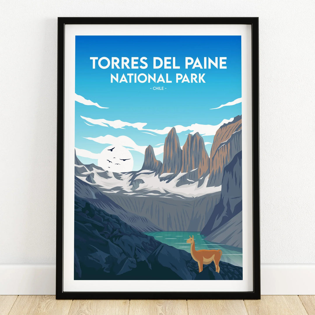 Torres del Paine National Park art print in black frame on wooden floor, mountain landscape