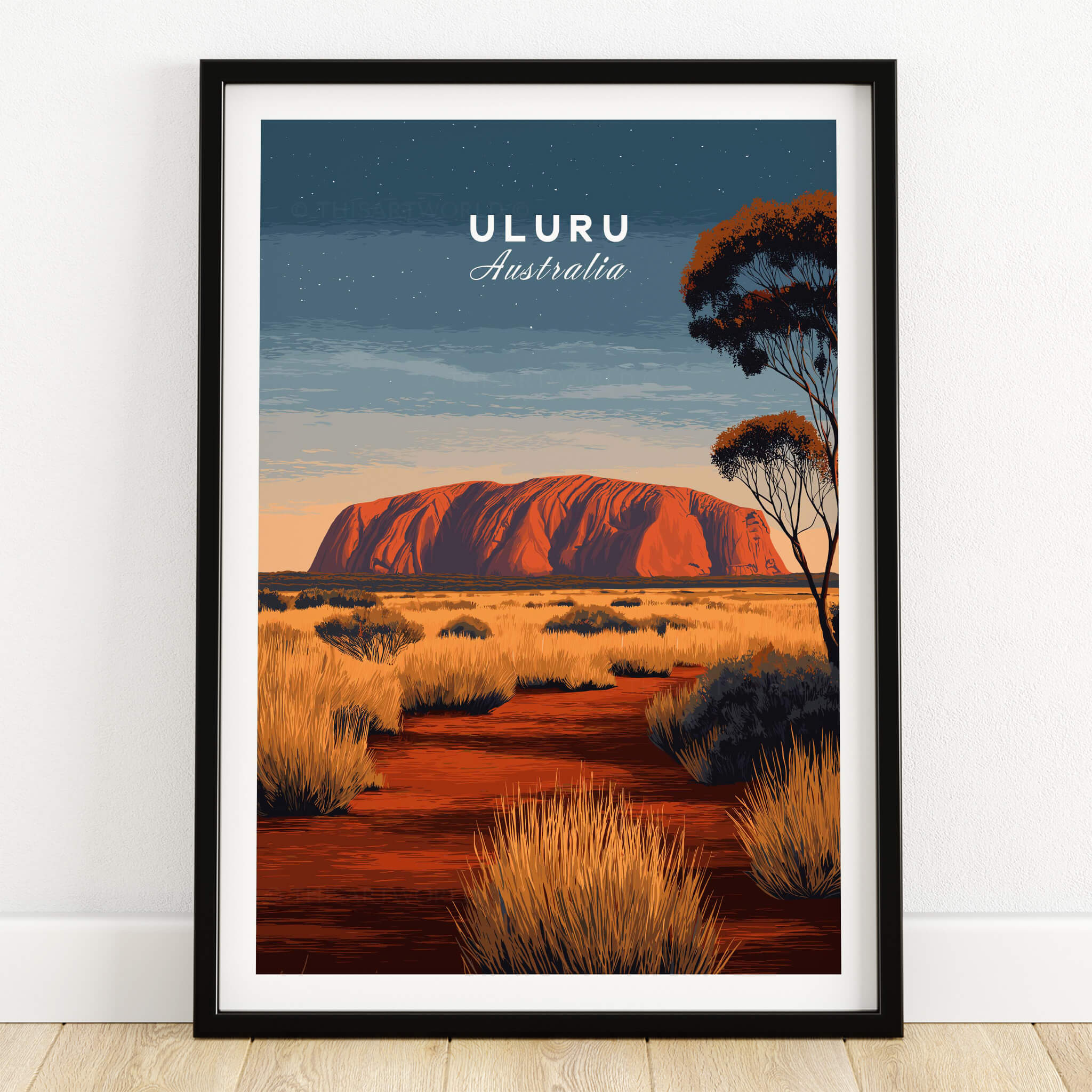Uluru Australia Wall Art Print | Red Center Outback Travel Poster featuring iconic Uluru in the outback landscape.