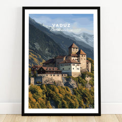 Vaduz Liechtenstein art print in black frame featuring a scenic mountain castle.