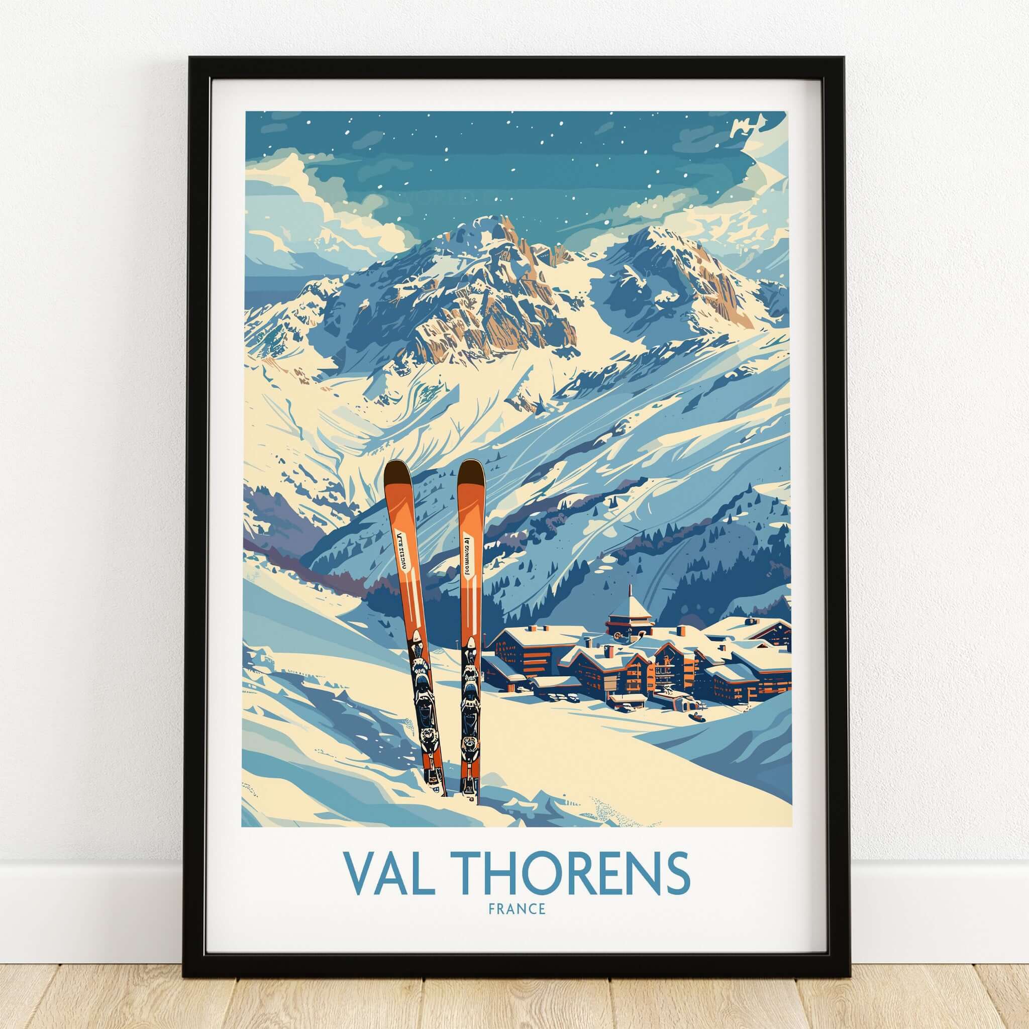 Val Thorens Print featuring snow-capped mountains, ski slopes, and winter scenery in France.