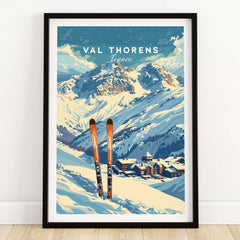 Val Thorens Travel Poster featuring a beautiful winter landscape with skis in the snow.