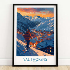 Val Thorens Ski Print showcasing a skier on a snowy mountain at sunset in France.
