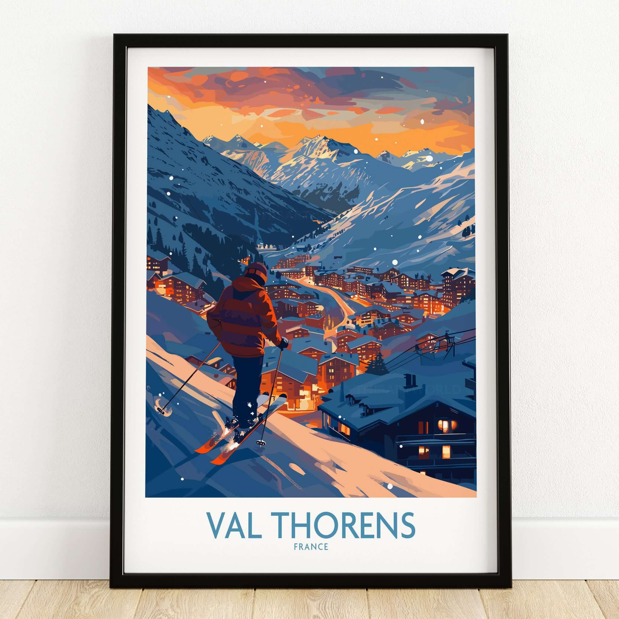 Val Thorens Ski Print showcasing a skier on a snowy mountain at sunset in France.