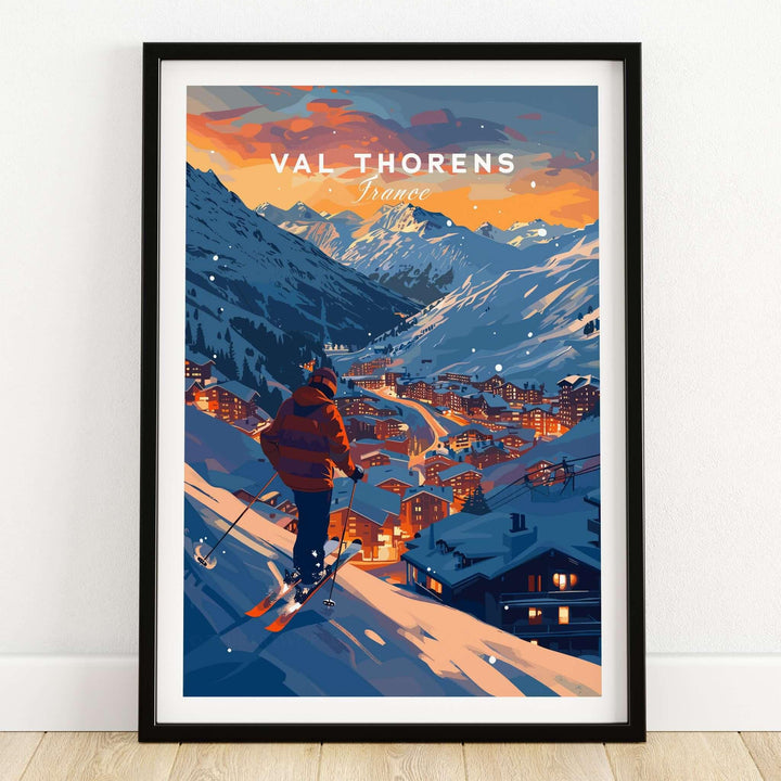 Val Thorens Ski Poster featuring a picturesque view of the French Alps and ski slopes at sunset.