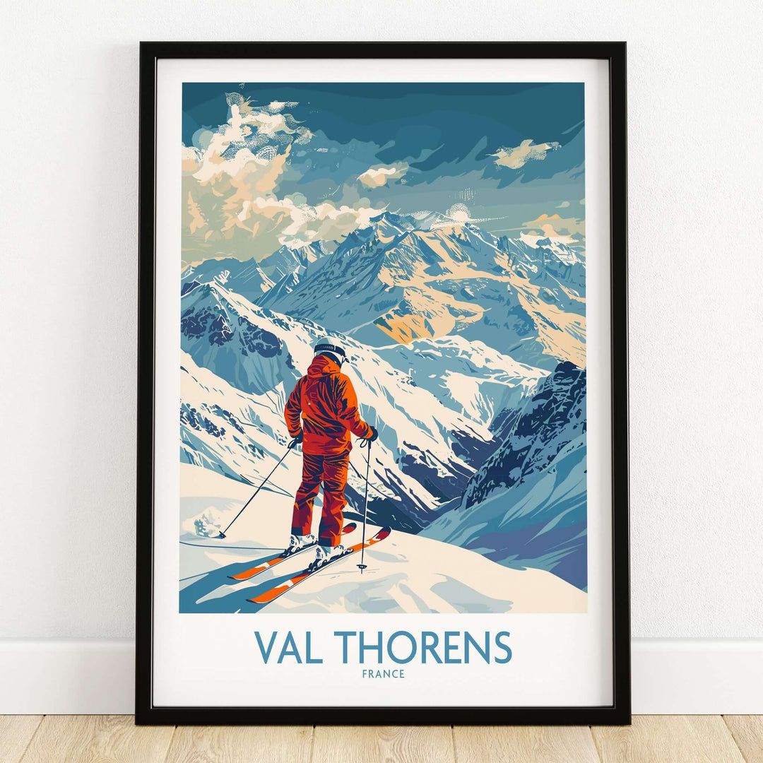 Val Thorens Skiing Poster showcasing a skier against stunning mountains, perfect for ski lovers and France travel enthusiasts.