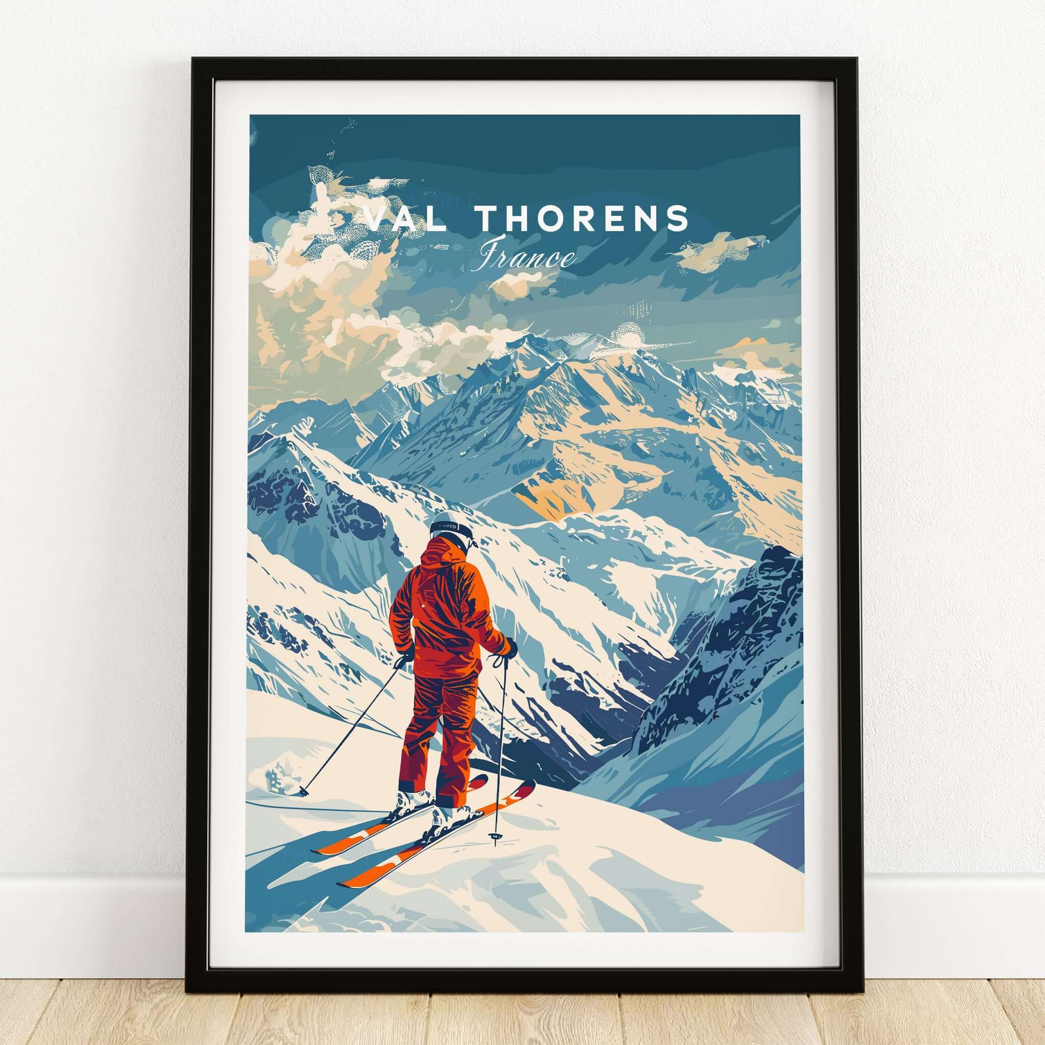 Val Thorens Poster featuring a skier on the slopes of the iconic French alpine peaks.