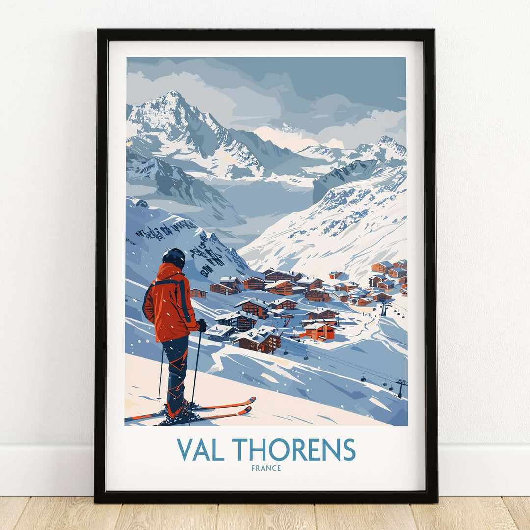 Val Thorens France Print featuring a skier overlooking the charming ski resort of Val Thorens in the French Alps.