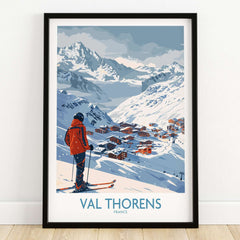 Val Thorens France Print featuring a skier overlooking the charming ski resort of Val Thorens in the French Alps.