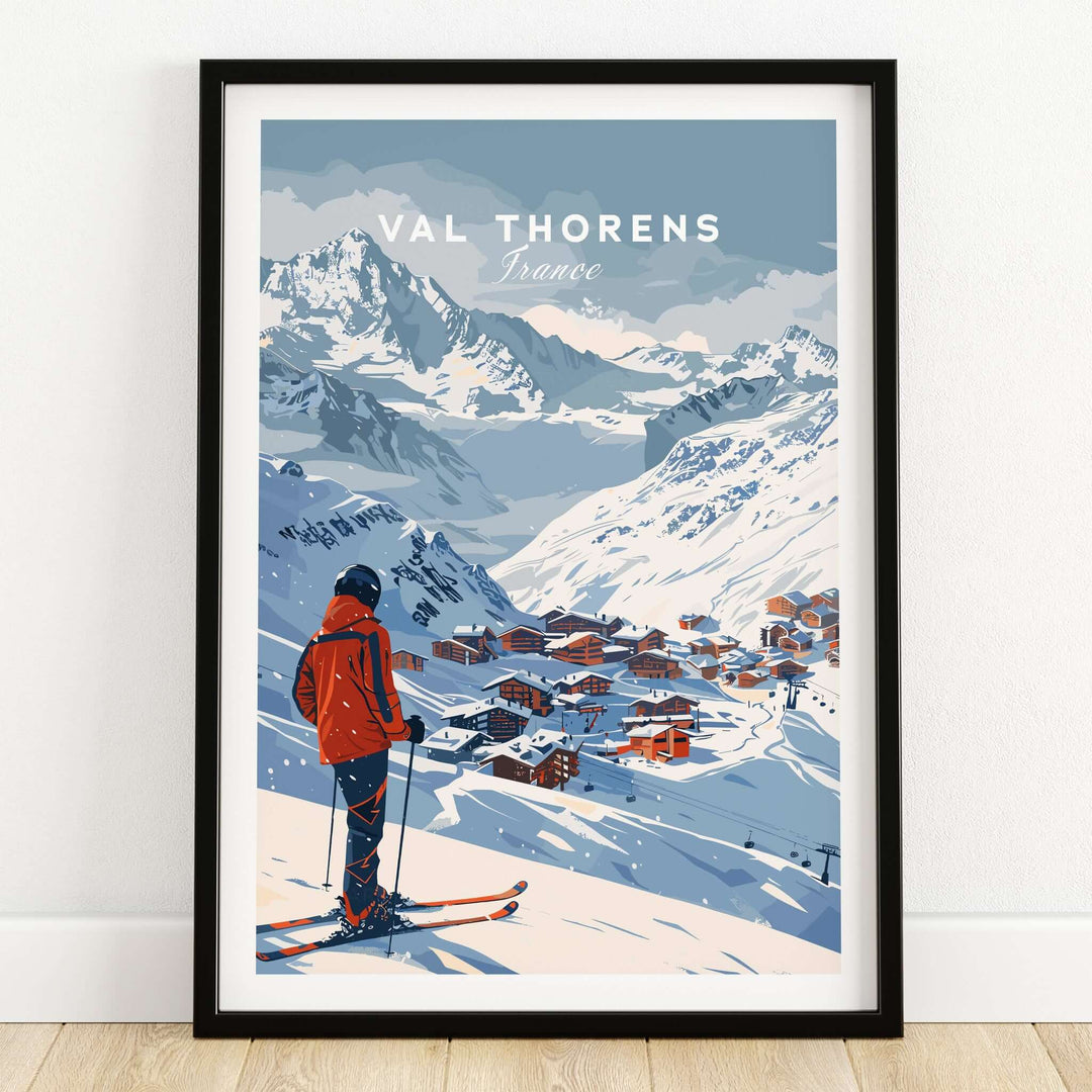 Val Thorens Wall Art Print featuring a skier overlooking the snowy village in France.