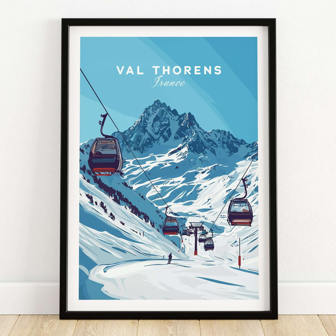 Val Thorens Ski Art Print | Winter Sports French Alps - Framed illustration of ski gondolas in the majestic French Alps.